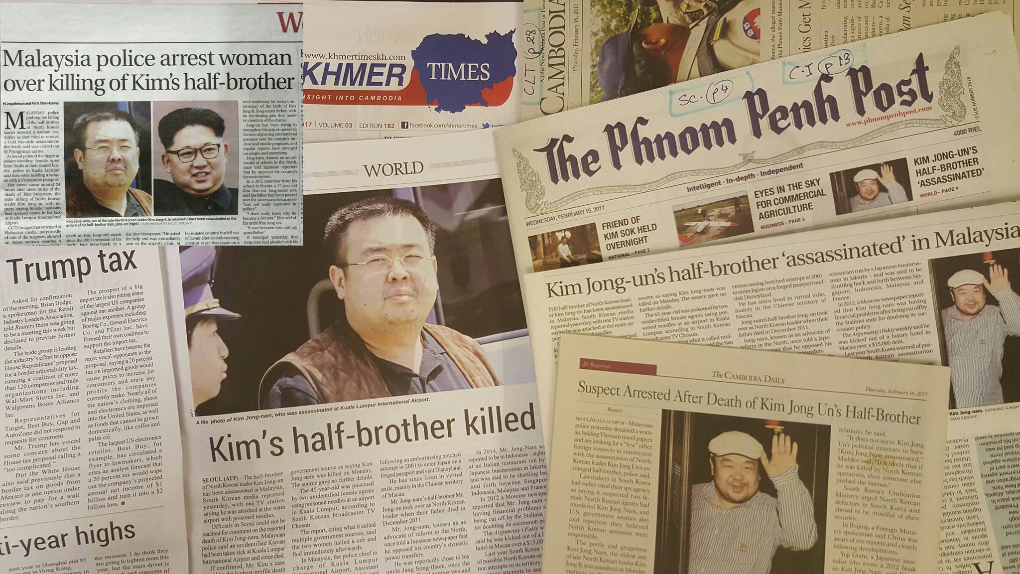 Cambodian newspapers run stories on on the assassination of Kim Jong-nam, North Korean President Kim Jong-un’s haft-brother. Photo by Chhay Sophal